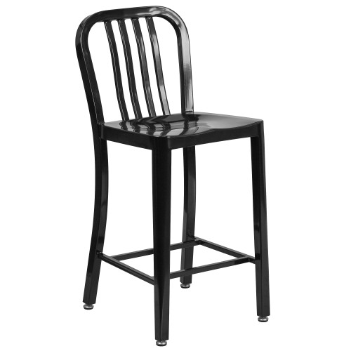 36.25'' Black Outdoor Patio Counter Height Stool with Slat Back