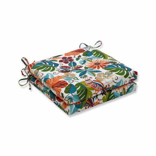 Set of 2 Red and Green Tropical Outdoor Patio Seat Cushions with Ties 20"