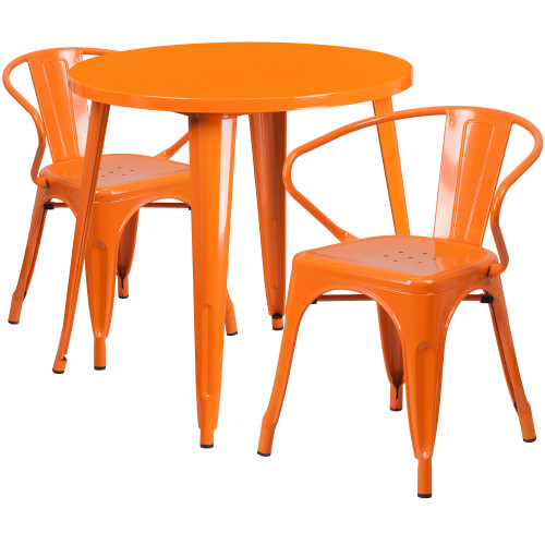 Set of 3 Round Orange Metal Outdoor Table with Arm Chair 30"