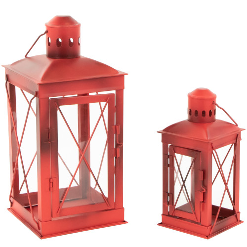 Set of 2 Antique Red Mission Style Candle Lanterns 12.25"