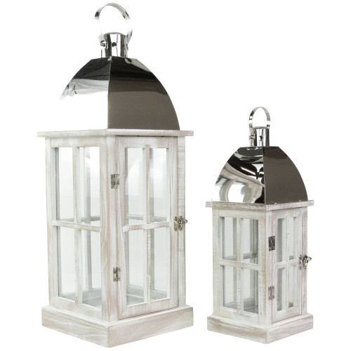 Set of 2 Antique White Wood Candle Lanterns with Silver Tops 21.5"