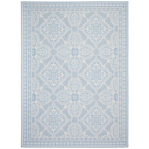 5.25' x 7.25' Sky Blue and Off White Bordered Damask Rectangular Area Throw Rug