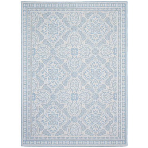 6.5' x 9.5' Sky Blue and Off White Bordered Damask Rectangular Area Throw Rug