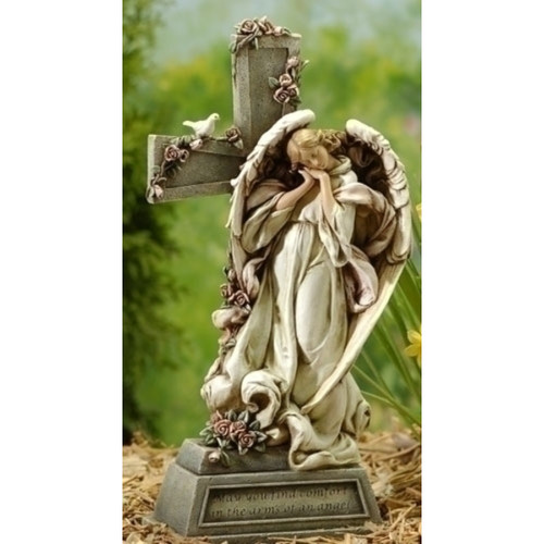 Set of 2 Memorial Angel with Cross Outdoor Garden Statues 14.75"