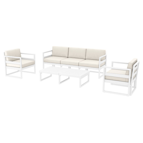 4 Piece White Outdoor Patio Lounge Set with Natural Sunbrella Cushion 78.75"