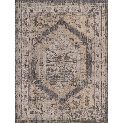 9' x 12' Charcoal Gray and Beige Medallion Traditional Rectangular Outdoor Area Throw Rug
