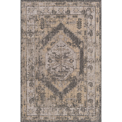 6' x 9' Charcoal Gray and Beige Medallion Traditional Rectangular Outdoor Area Throw Rug