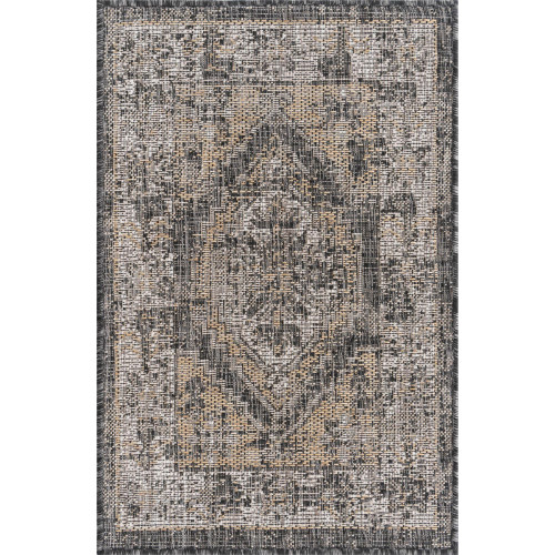 2' x 3' Charcoal Gray and Beige Medallion Traditional Rectangular Outdoor Area Throw Rug
