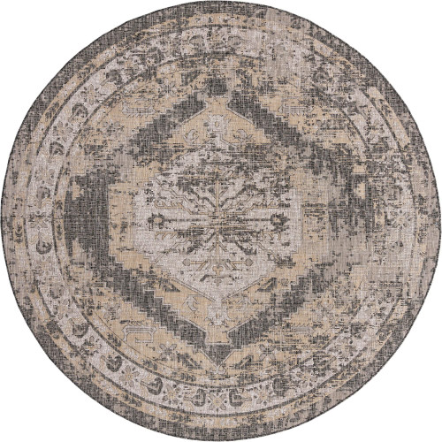 10' Charcoal Gray and Beige Medallion Traditional Round Outdoor Area Throw Rug