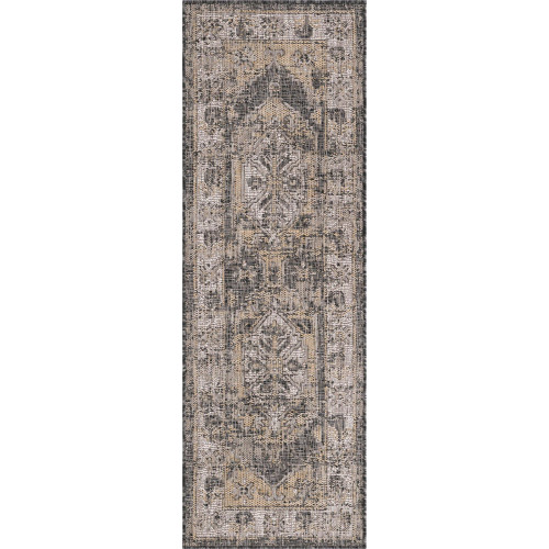 2' x 6' Charcoal Gray and Beige Medallion Traditional Rectangular Outdoor Rug Runner