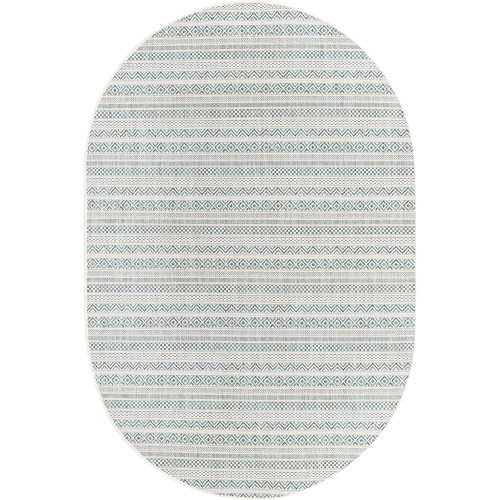 5.25' x 7.75' Striped Teal Green and Ivory Oval Outdoor Area Throw Rug