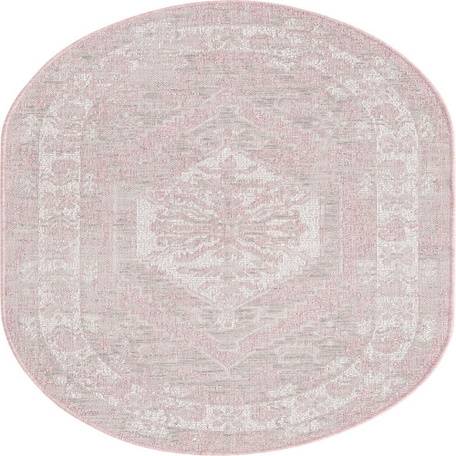 5.25' x 7.75' Medallion Pink and Ivory Oval Outdoor Area Throw Rug