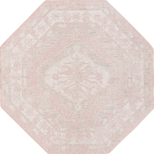 7.75' x 7.75' Pink and Ivory Medallion Traditional Octagon Outdoor Area Throw Rug