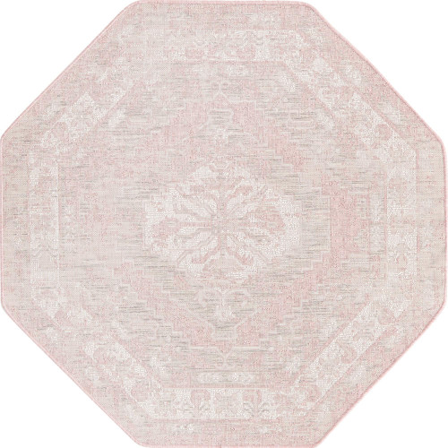 5.25' x 5.25' Pink and Ivory Medallion Traditional Octagon Outdoor Area Throw Rug
