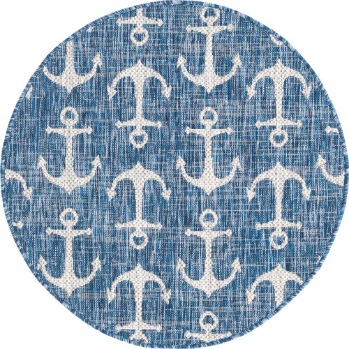 3.25' Blue and Gray Coastal Themed Anchor Round Outdoor Area Throw Rug