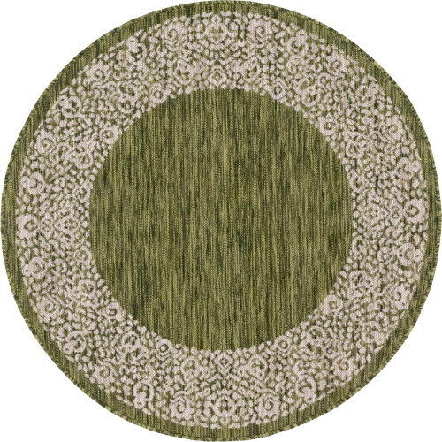 5.25' Green and Gray Floral Border Round Outdoor Area Throw Rug