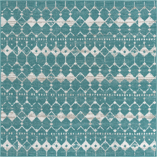 7.75' x 7.75' Teal Blue and Ivory Geometric Outdoor Square Area Throw Rug