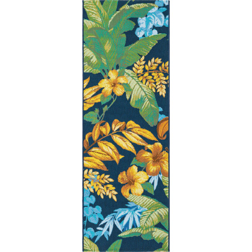 2' x 6' Blue and Gold Tropical Floral Rectangular Outdoor Rug Runner