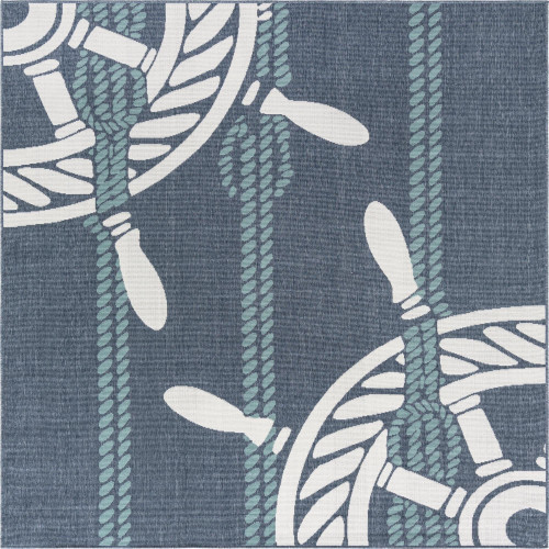 7.75' x 7.75' Aqua Blue and Ivory Coastal Square Outdoor Area Throw Rug