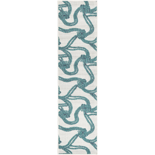 2' x 8' Ivory and Blue Coastal Themed Rope Knot Rectangular Outdoor Rug Runner
