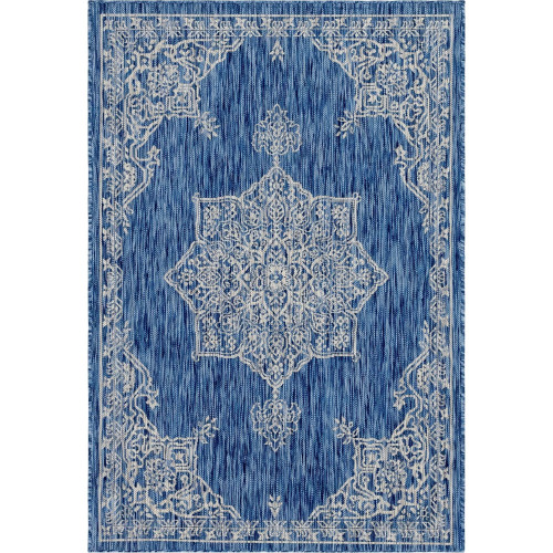 4' x 6' Blue and Ivory Medallion Rectangular Outdoor Area Throw Rug