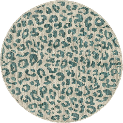 4' Teal Green and Gray Animal Print Round Outdoor Area Throw Rug