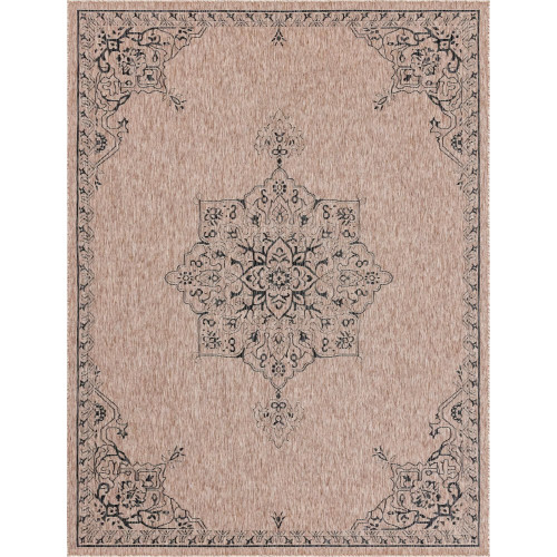 9' x 12' Beige and Black Medallion Rectangular Outdoor Area Throw Rug