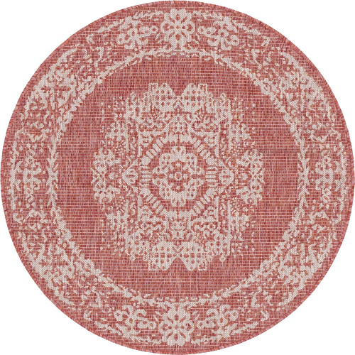 4' Gray and Rust Red Medallion Round Outdoor Area Throw Rug