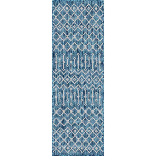 2' x 6' Teal Blue and Gray Geometric Rectangular Outdoor Rug Runner