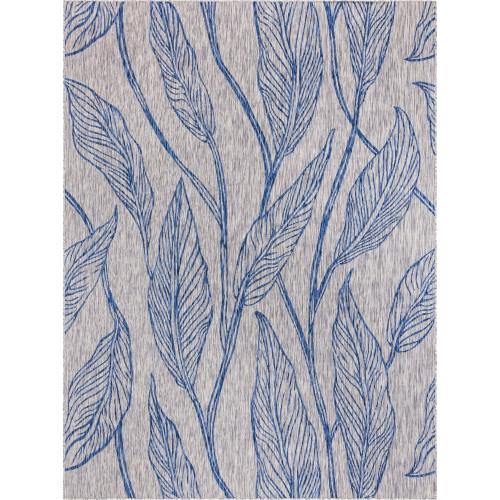 9' x 12' Gray and Blue Botanical Rectangular Outdoor Area Throw Rug