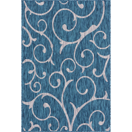 4' x 6' Teal Blue and Ivory Damask Rectangular Outdoor Area Throw Rug
