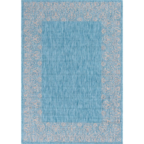 8' x 11.25' Aqua Blue and Gray Floral Border Rectangular Outdoor Area Throw Rug