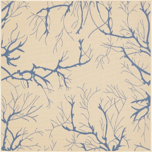 6' x 6' Navy Blue and Beige Floral Square Outdoor Area Throw Rug