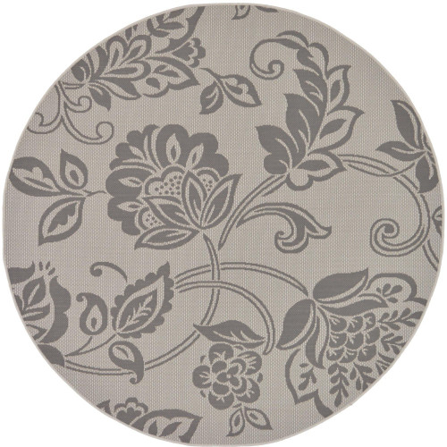 6' Gray Tropical Floral Round Outdoor Area Throw Rug