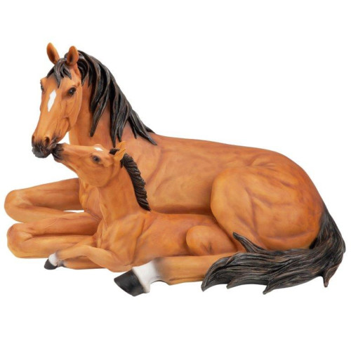 17.5" Black and Brown Motherly Love Pony Foal with Mare Horse Outdoor Statue