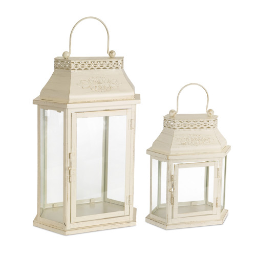 Set of 2 Cream White and Clear Candle Lanterns with Handle 17"