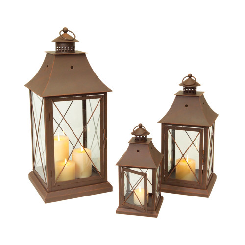 Set of 3 Brown and Clear Metal Lanterns 24" - Unique Home Decor with Wood, Glass, and Metal Construction