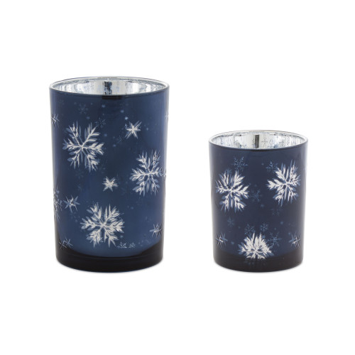 Pack of 2 Navy Blue Glass with Snowflakes Candle Holder, 7" - Elegant Home Decor for Tabletops and Hallways
