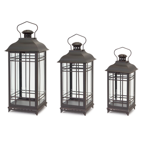 Set of 3 Rustic Black Coffee Mission-Style Glass Pillar Candle Lanterns 20"