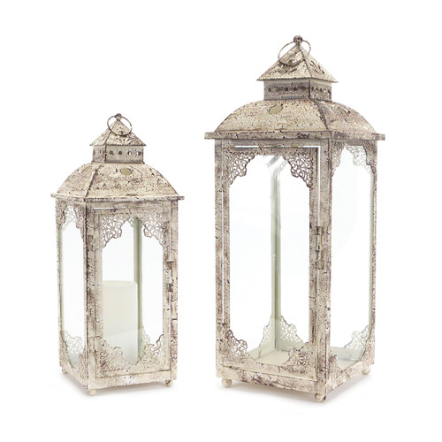 Set of 2 Distressed Ivory Iron and Glass Hanging Candle Lantern 22"