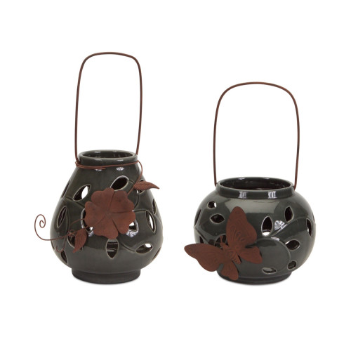 Set of 2 Gray Leaf Cutout Butterfly and Flower Accented Lanterns 7.75"