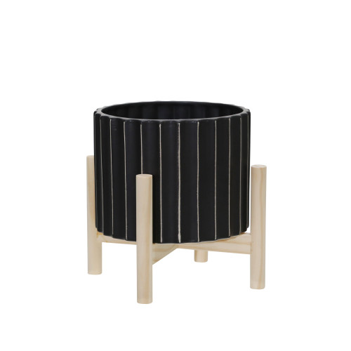 Fluted Ceramic Planter with Stand - 9" - Black and Brown