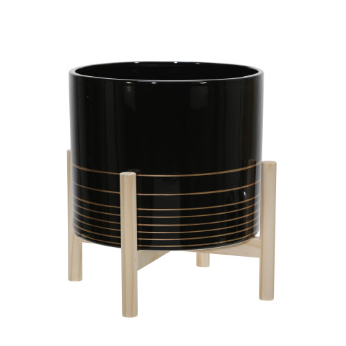 12" Black and Brown Ceramic Planter with Wood Stand