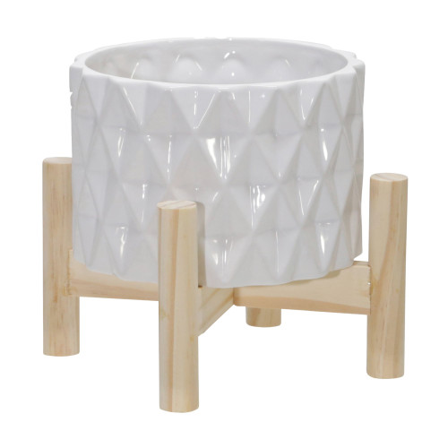 Diamond Ceramic Outdoor Planter with Stand - 7" - White and Beige