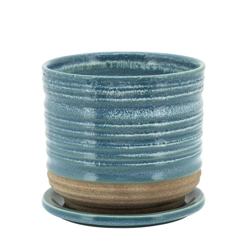 6" Aqua Blue and Brown Circle Textured Planter with Saucer