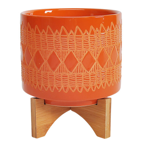 11" Orange and Brown Aztec Ceramic Outdoor Planter on Stand