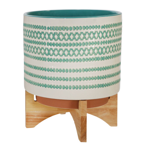 12" Turquoise Green and White Dot Design Ceramic Planter on Stand