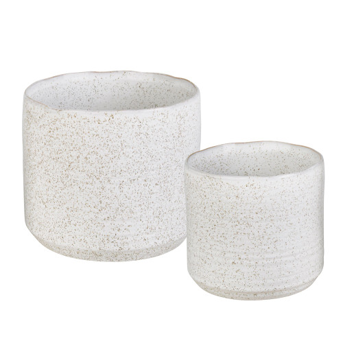 Set of 2 White Speckle Round Ceramic Planters 7"