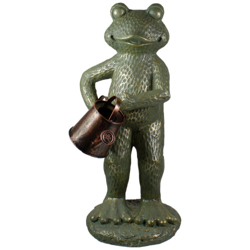 17" Gold Verdigris Frog with Watering Can Outdoor Garden Statue: Whimsical Garden Helper