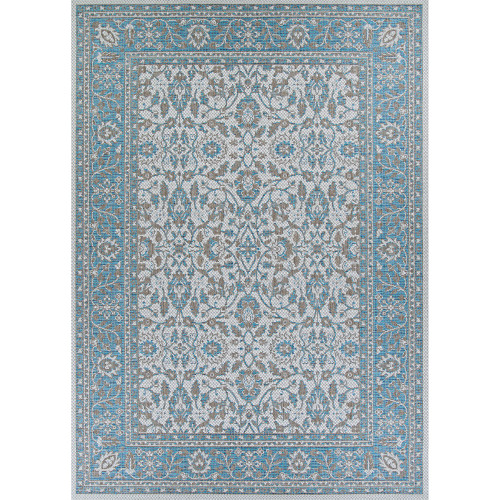 7.5' x 10.75' Gray and Blue Floral Rectangular Outdoor Area Throw Rug